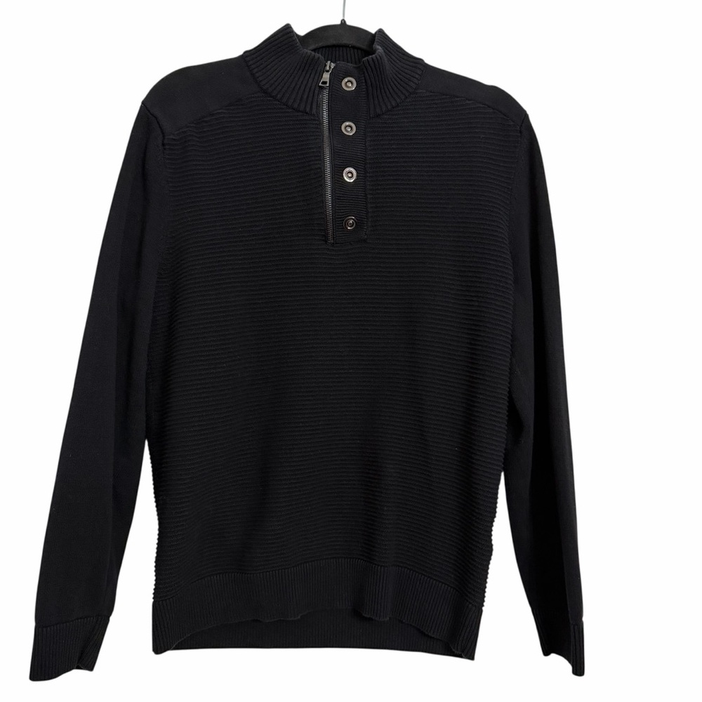 INC International Concepts Black Quarter Zip Snap ribbed knit Sweater Medium - Picture 3 of 8